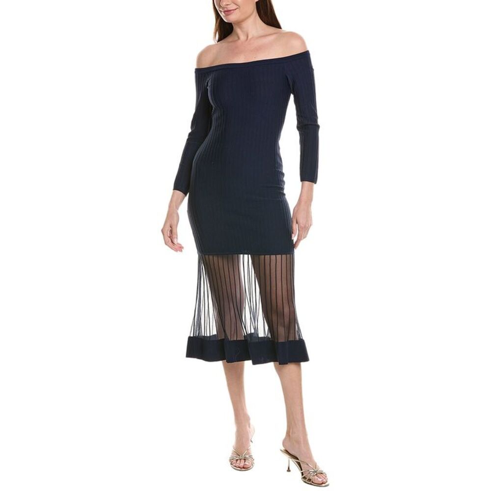 Milly Womens  Off The Shoulder Sheer Knit Midi Dress, Navy